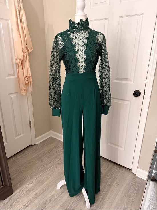 valentine Pants - High-Neck Emerald Lace Jumpsuit with Wide Leg Pants